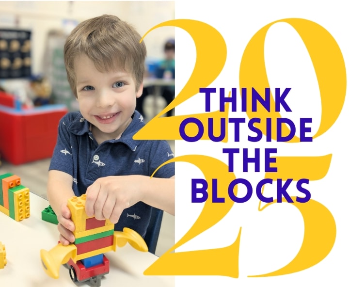 Flyer with young boy playing with blocks